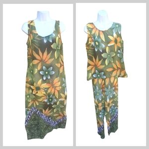 Vintage Floral Sheer 3 Piece Lightweight Dress Shirt & Pants Green Yellow M/L
